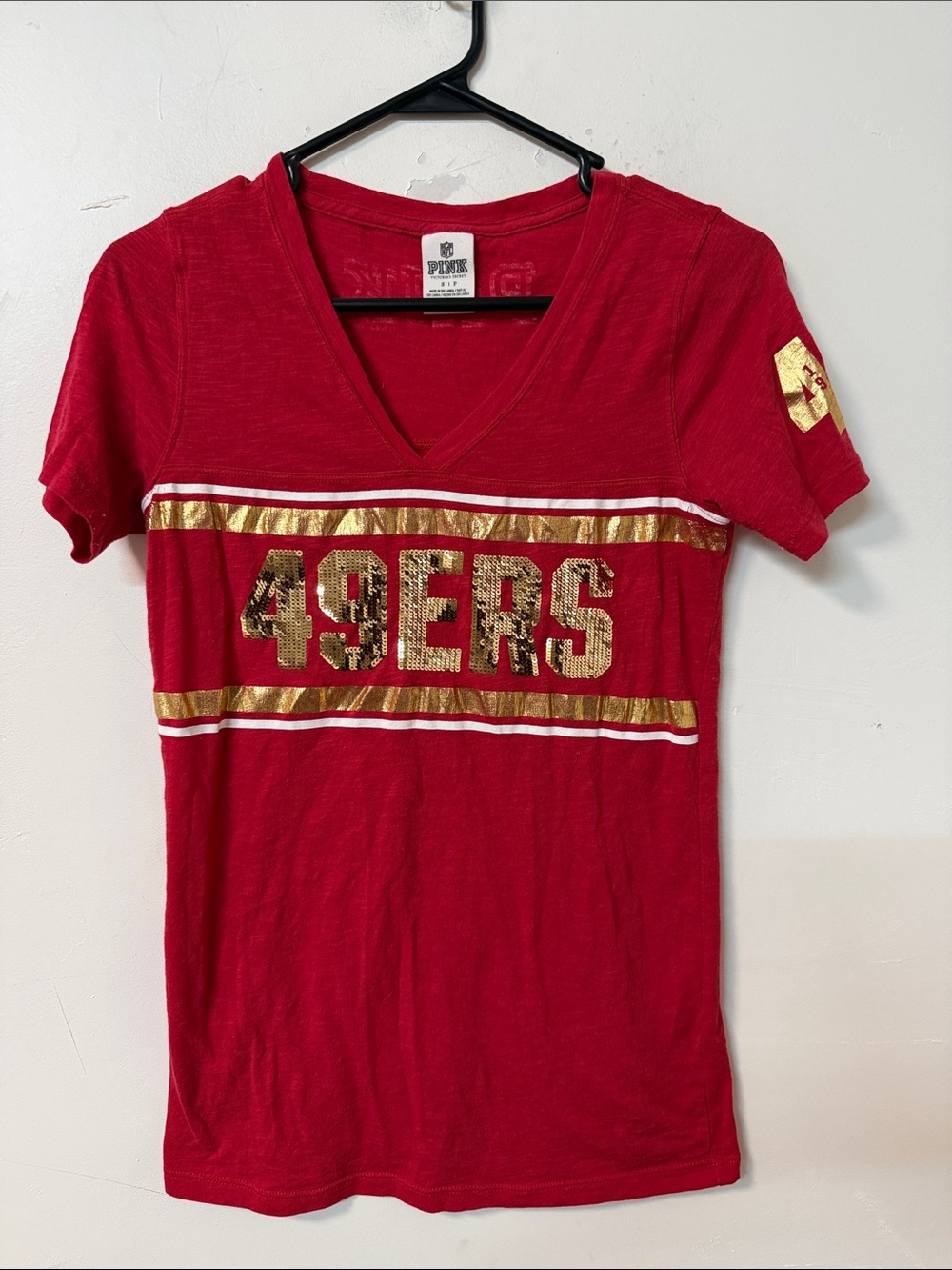 PINK Victoria's Secret Red V-Neck 49ERS Sequin Stripe Tee 2015